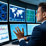 A professional male cybersecurity analyst in a modest business suit, fully clothed, appropriate attire, seated in a modern, high-tech Security Operations Center (SOC). He is interacting with large, multi-screen displays showing intricate data visualizations of network traffic, threat intelligence feeds, and automated response playbooks. The screens emit a cool, soft light, highlighting his focused expression. Perfect anatomy, correct proportions, natural pose, well-formed hands, proper finger count, natural body proportions, professional photography, high quality, safe for work, appropriate content, professional.