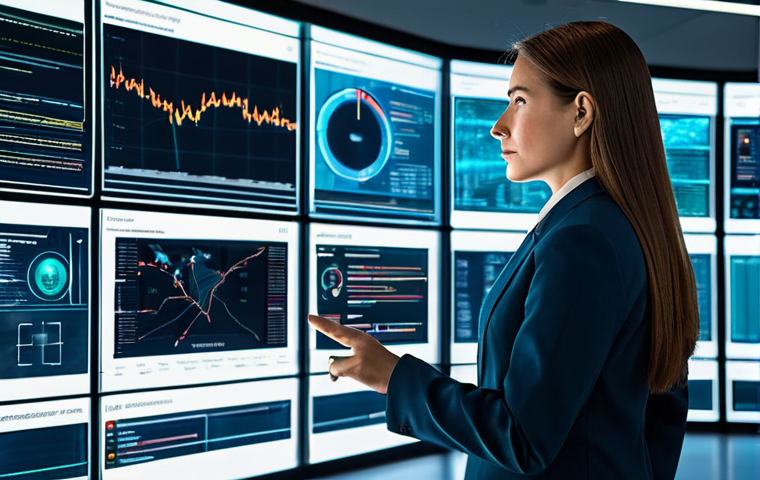 A professional female cybersecurity expert, fully clothed in a modest business suit, actively engaging with a large, translucent holographic display in a high-tech Security Operations Center (SOC). The display shows intricate, glowing data visualizations, threat intelligence maps, and real-time network activity. The background is sleek and modern, featuring multiple digital screens and advanced computing equipment, symbolizing the power of AI and automation. Her posture is professional and focused, conveying a sense of command and expertise. Safe for work, appropriate content, fully clothed, professional, perfect anatomy, correct proportions, natural pose, well-formed hands, proper finger count, professional photography, high quality.