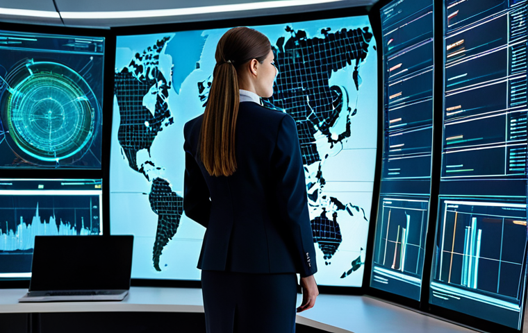 A highly skilled female cybersecurity analyst, professionally dressed in a modest business suit, stands in a sophisticated, futuristic Security Operations Center (SOC). She is focused on large, translucent holographic displays showcasing intricate data streams, real-time threat intelligence maps, and abstract visualizations of AI algorithms performing predictive analysis and anomaly detection. The environment emphasizes advanced technology and a proactive defense posture, with glowing lines representing secure network connections. The lighting is ambient and high-tech, creating a professional and secure atmosphere. Perfect anatomy, correct proportions, natural pose, well-formed hands, proper finger count, natural body proportions, safe for work, appropriate content, fully clothed, professional dress, high quality, professional photography.