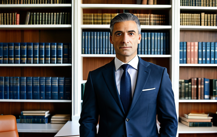 **

"A lawyer in a professional business suit, standing in a modern Italian law office with bookshelves in the background, fully clothed, appropriate attire, safe for work, perfect anatomy, natural proportions, legal professional, high quality photograph, well-lit."

**