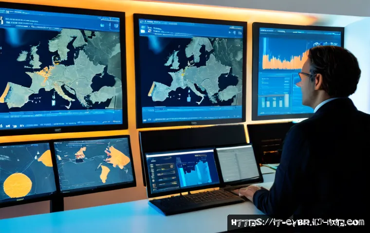 Home 10 사이버 보안 자동화 도구의 활용 사례 - Photorealistic Italian cybersecurity operations office, a middle-aged IT specialist monitoring autom...